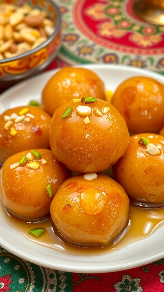 Easy Bread Gulab Jamun Recipe A plate of bread gulab jamun soaked in syrup, garnished with nuts, on a decorative table.